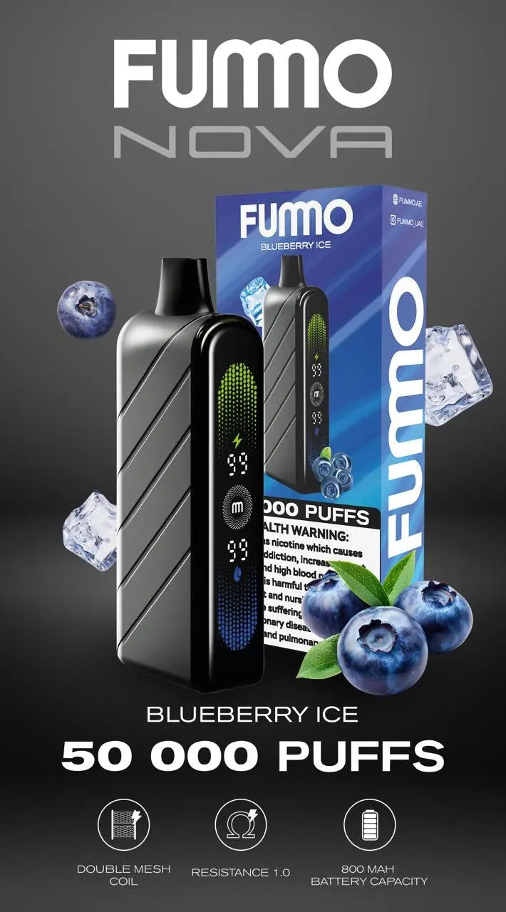 FUMO Nova vape device and packaging with blueberries on a dark background. Order Now!