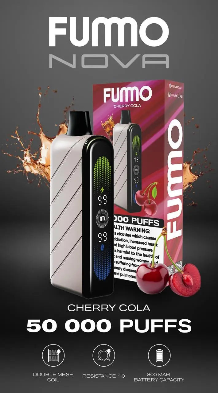 FUMO Nova cherry cola vape device with packaging and cherries on a dark background. Order Now!