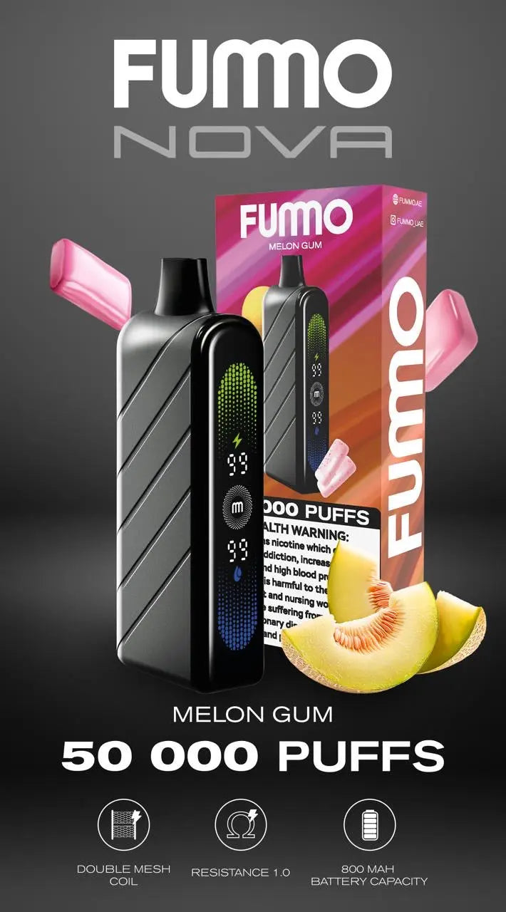 FUMO Nova vaping device with packaging and melon gum flavor display on a dark background. Order Now!