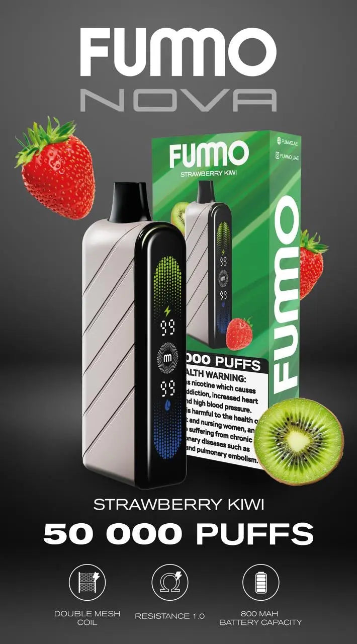 FUMO Nova vaping device with packaging and strawberry, kiwi, and strawberry kiwi flavor graphics on a dark background. Order Now!