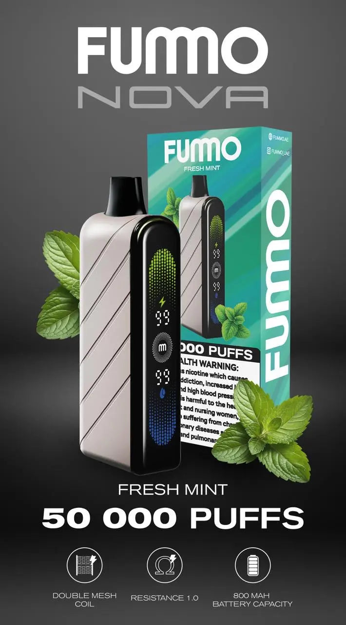 FUMO Nova vape device and packaging on a dark background with mint leaves. Order Now!