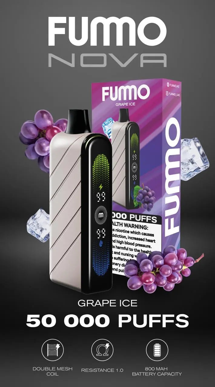 FUMO Nova vape device and packaging with grape ice flavor on a dark background. Order Now!