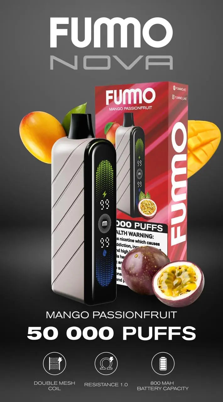 FUMO Nova vape device and packaging with mango passion fruit flavor on a dark background. Order NOw!