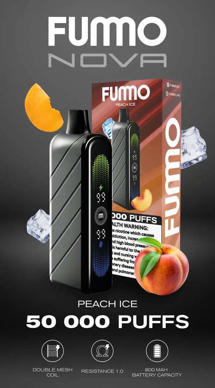 FUMO Nova peach ice vape device and packaging on a dark background. Order Now!