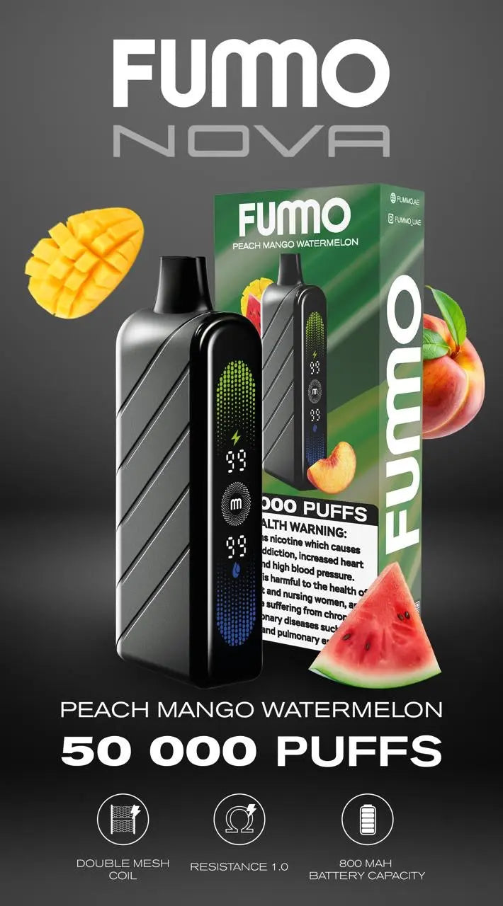 FUMO Nova vape device with packaging and fruit illustrations on a dark background. Order Now!