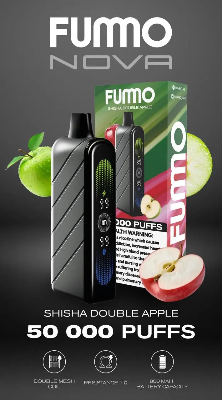 FUMO Nova shisha double apple vape device with packaging on a dark background. Order Now!