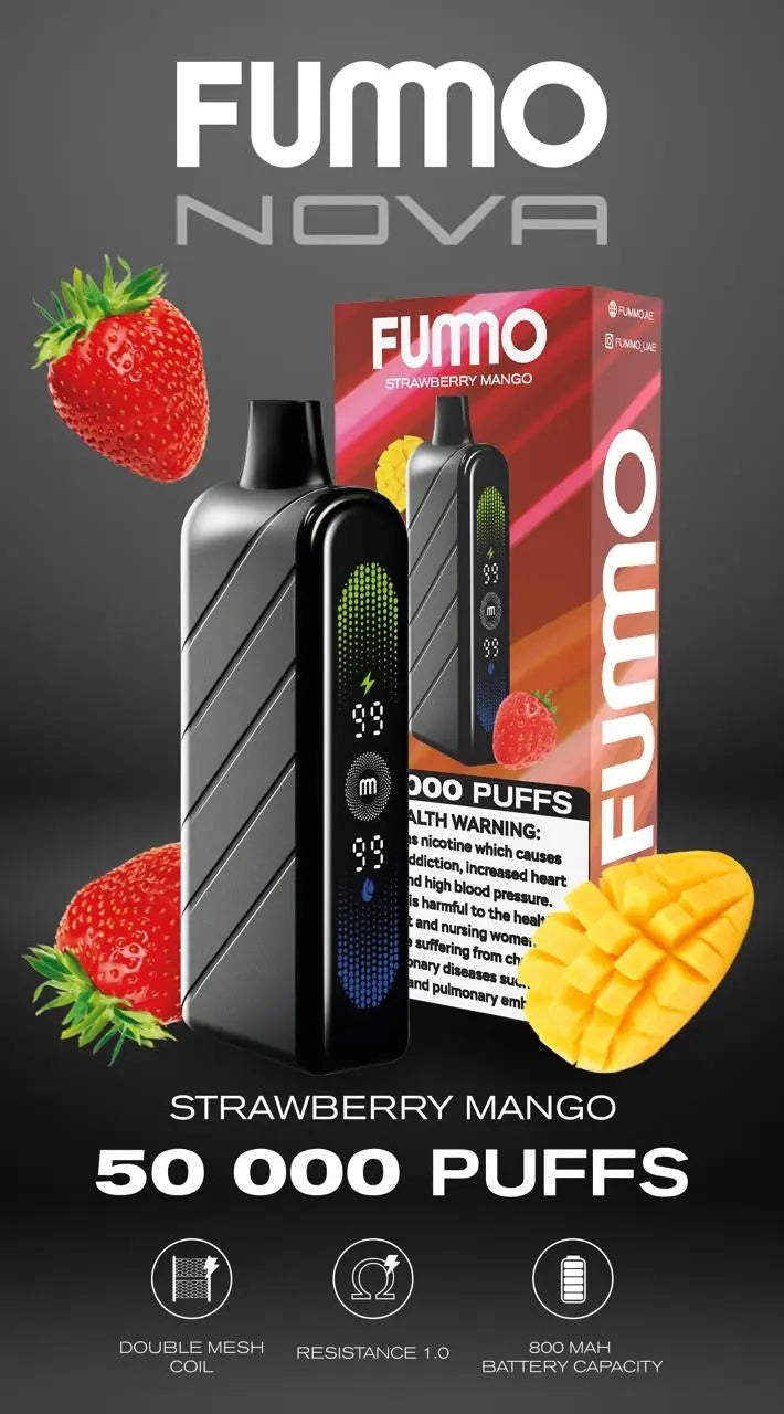 FUMO Nova vape device with packaging and fruit graphics on a dark background. ORDER NOW!