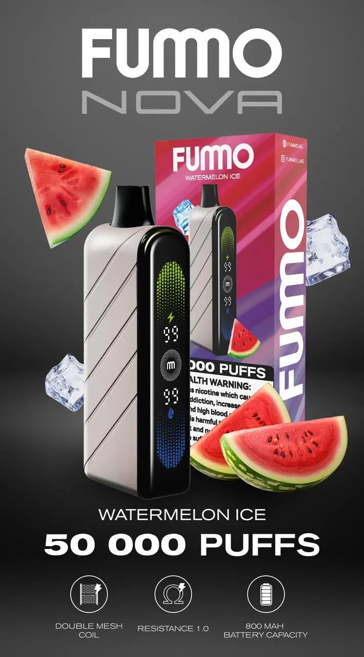 FUMO Nova vape device with watermelon ice flavor packaging on a dark background. Order Now!