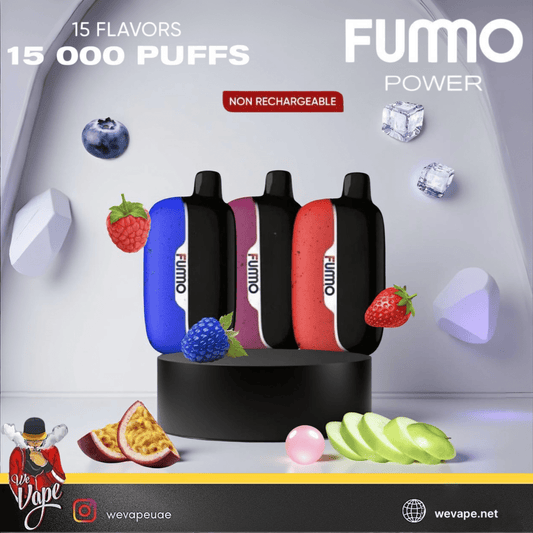 FUMMO POWER 15K DISPOSABLE VAPE KIT IN 3 DIFFERENT COLORS WITH FRUITS AND ICE CUBES DISPLAY IN WITE BACKGROUND