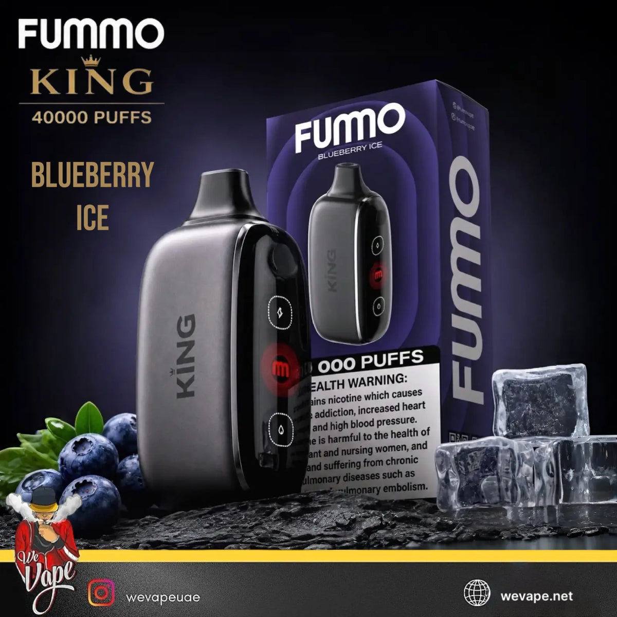FUMMO King Blueberry Ice disposable vape device and its retail packaging box, displayed alongside blueberries and ice cubes on a dark textured surface with promotional text overlays.