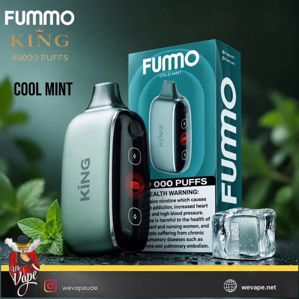 Fummo King 40000 Puffs disposable vape device in Cool Mint flavor, shown next to its teal packaging box and a clear ice cube on a dark surface with mint leaves.