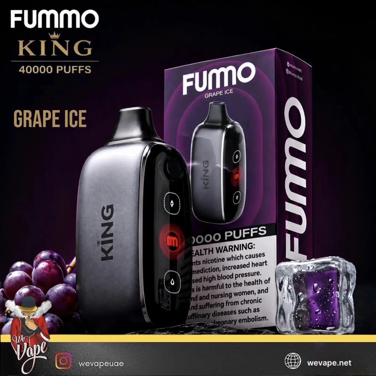 Fummo King Grape Ice disposable vape device shown next to its purple retail box, with grapes and a glass of purple drink used as flavor cues on a dark promotional background.