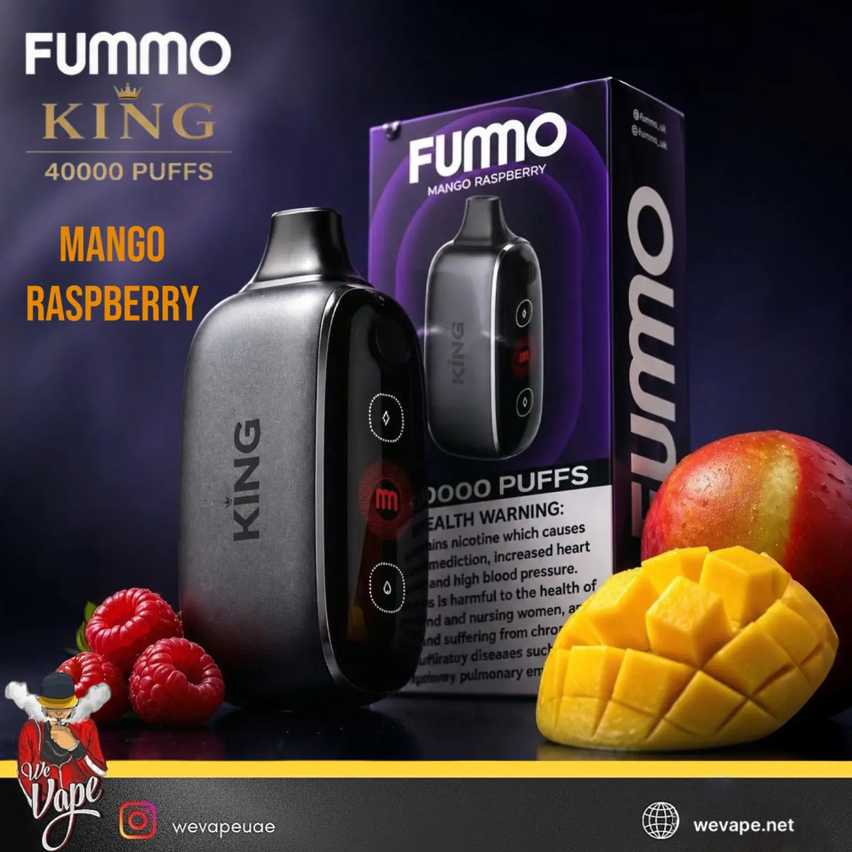 Fummo King disposable vape device in Mango Raspberry flavor, shown next to its purple packaging box, with fresh raspberries and a sliced mango on a dark background.