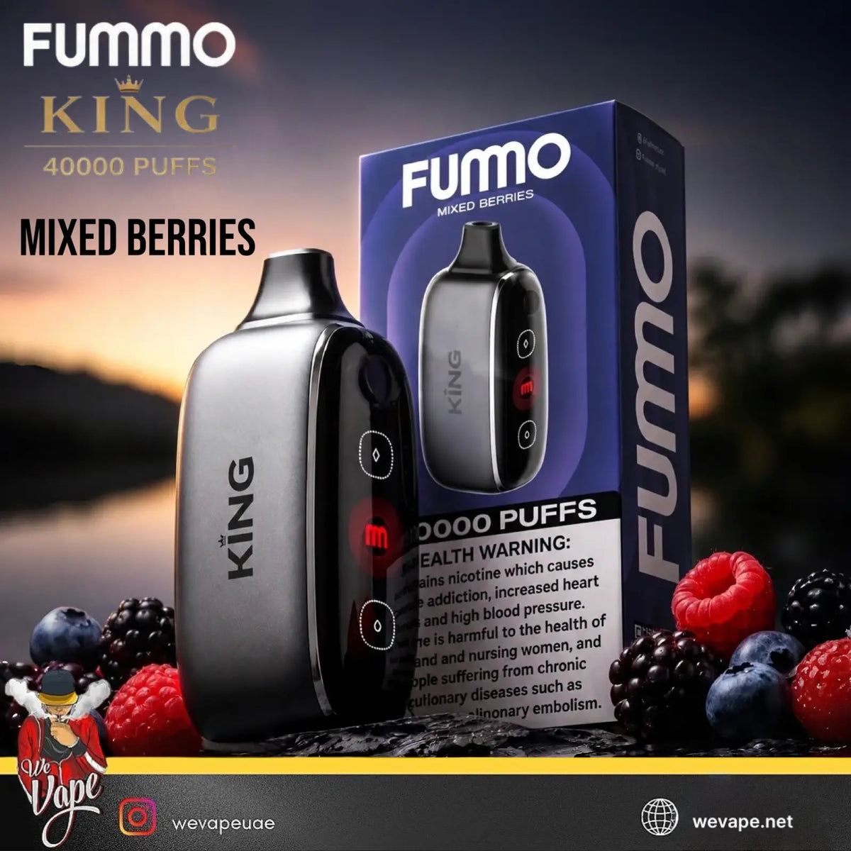 Fummo King Mixed Berries vape device and its retail box, with promotional text and fruit illustrations on a sunset background.