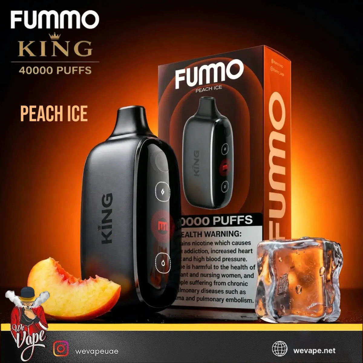 Fummo King Peach Ice disposable vape device shown next to its retail packaging box, with a sliced peach and an ice cube prop on a dark orange gradient background.