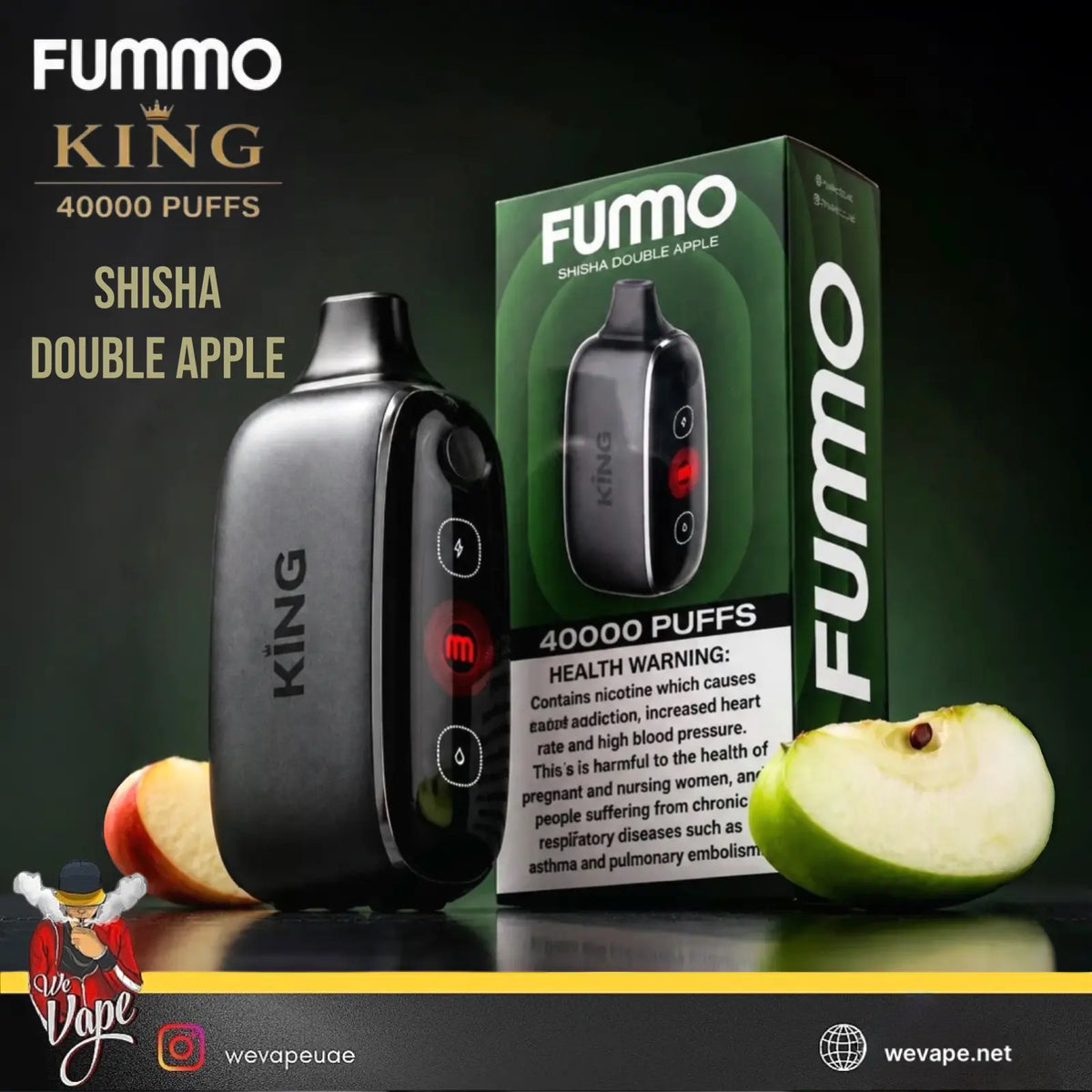 Fummo King Shisha Double Apple disposable vape device in black and green packaging, shown with apple slices on a dark background with promotional text.