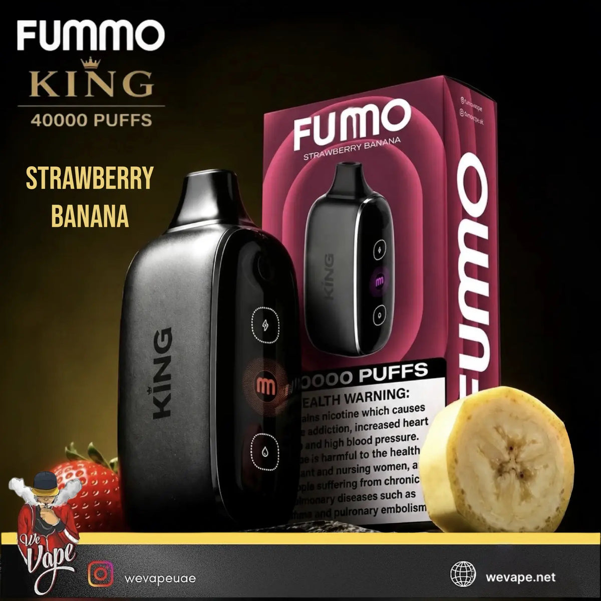 Fummo King disposable vape device in black and pink packaging, labeled Strawberry Banana, with a strawberry and banana graphic at the bottom on a dark promotional background.