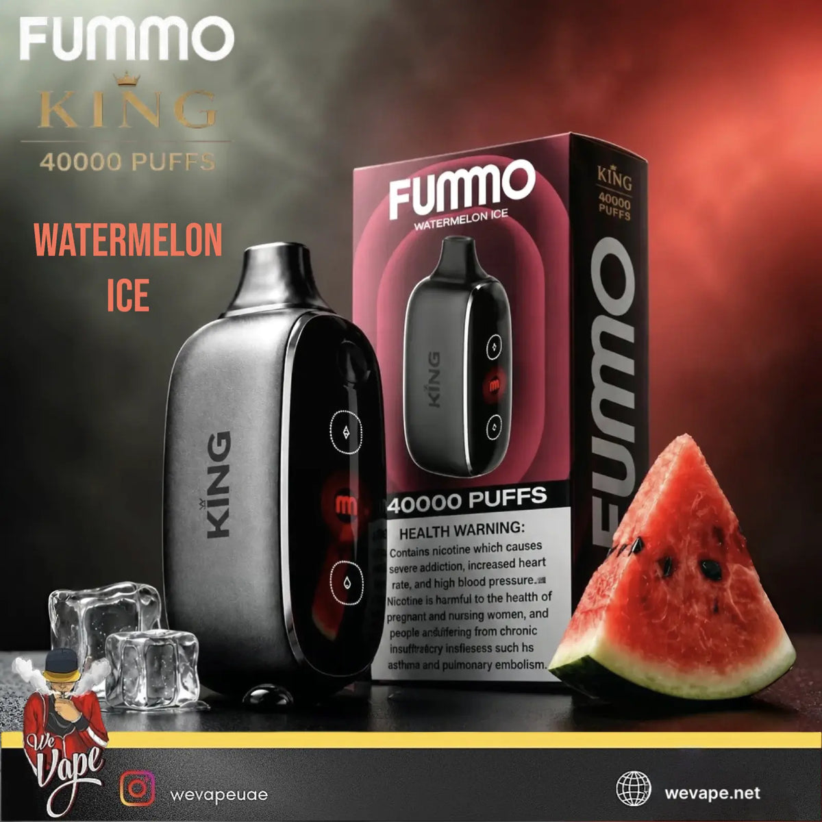 Fummo King Watermelon Ice disposable vape device and its retail box, shown with watermelon slices and ice cubes on a dark surface against a smoky red and black background.