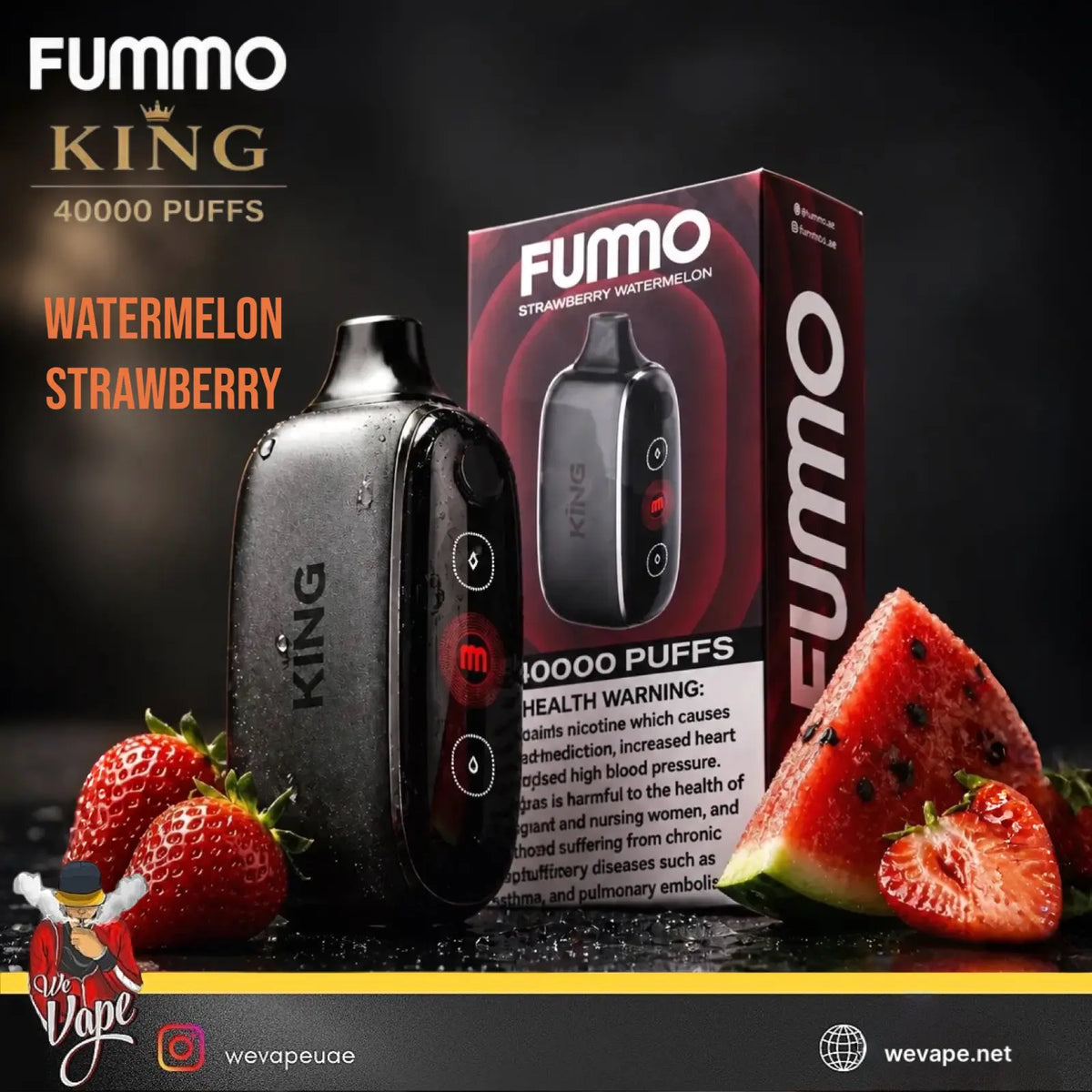 FUMMO King 40000 Puffs disposable vape device in Watermelon Strawberry flavor, shown next to its retail packaging box. The device is black with a metallic finish and features a red power button.