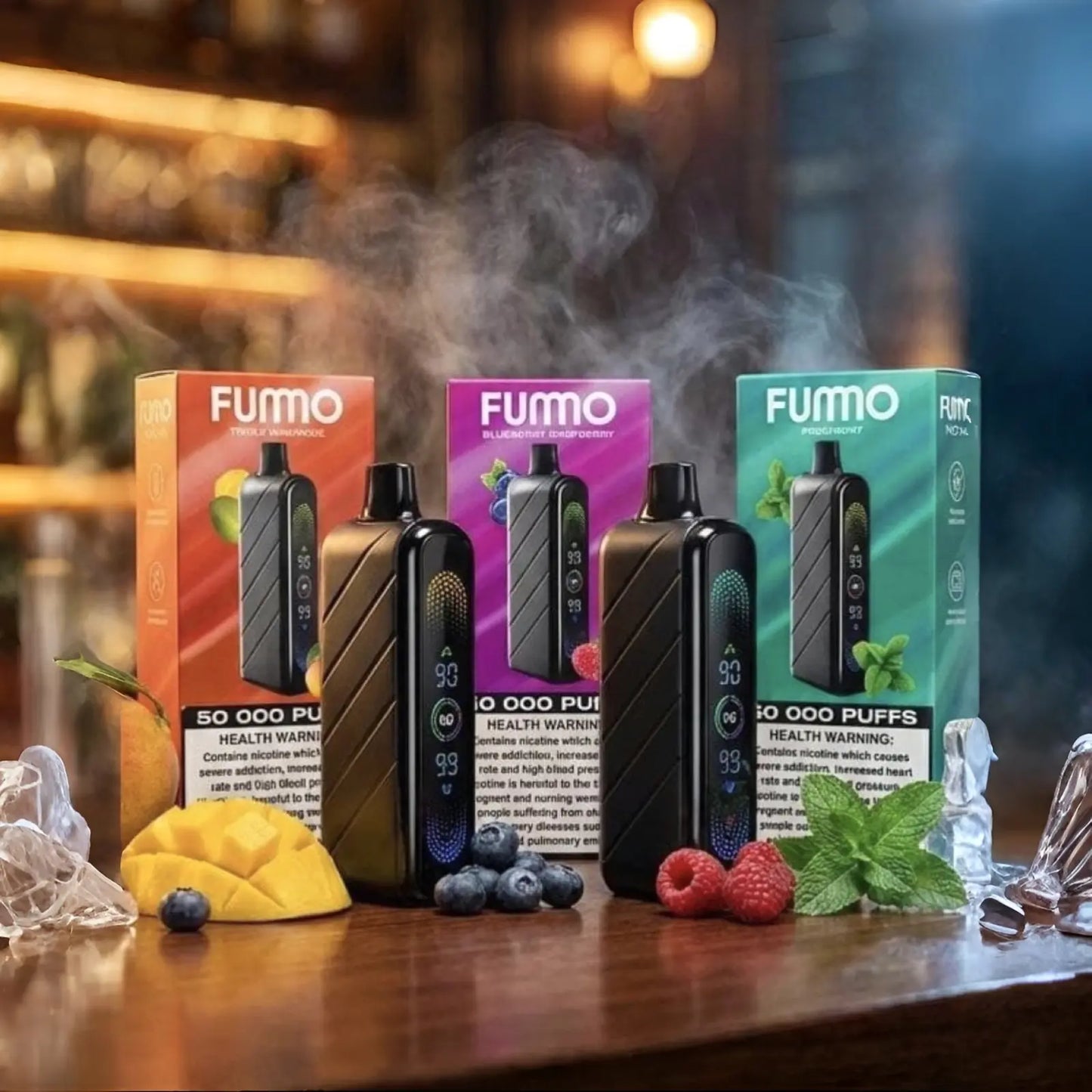 FUMO vape devices and packaging on a wooden surface with decorative elements. Order Now!