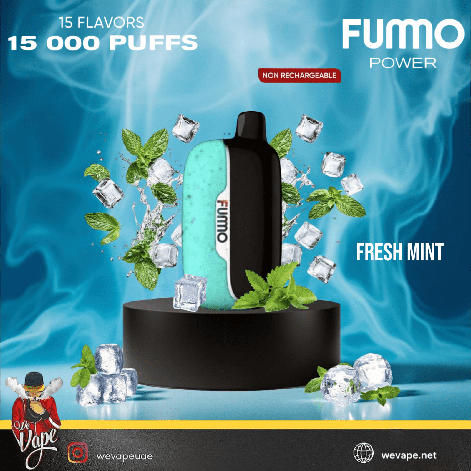 Fummo Power 15k disposable vape in fresh mint with ice display in cold smokey background