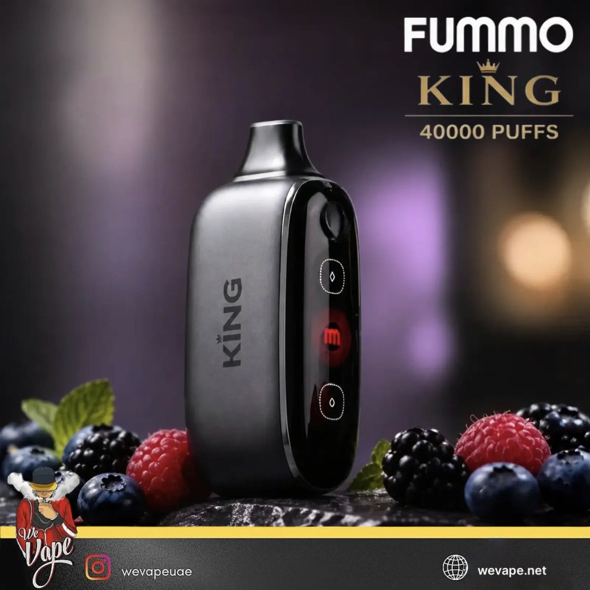 A black Fummo King disposable vape device standing upright on a dark marble-like surface, surrounded by fresh berries and mint leaves. The background is dark and blurred with purple and warm light bokeh.