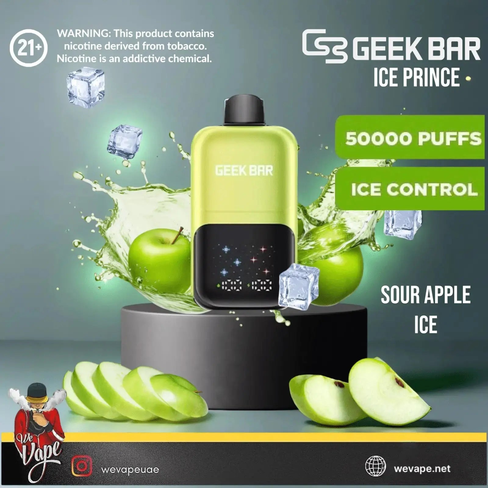 Geek Bar Ice Prince vape device with green apples and ice cubes on a gray background. Order Now and Get 20% OFF!