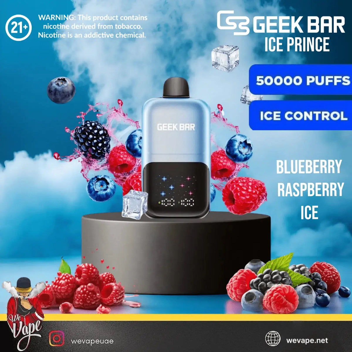 Geek Bar Ice Prince vape device with blueberry, raspberry, and ice elements on a blue background. Order Now and get 20% OFF!