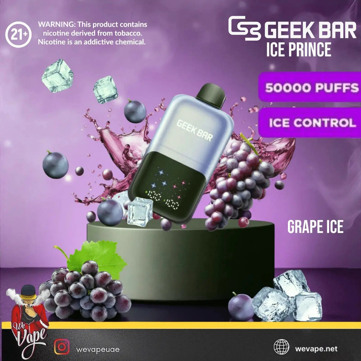 Geek Bar Ice Prince vape device with grape ice flavor on a purple background. Order Now and get 20% OFF!