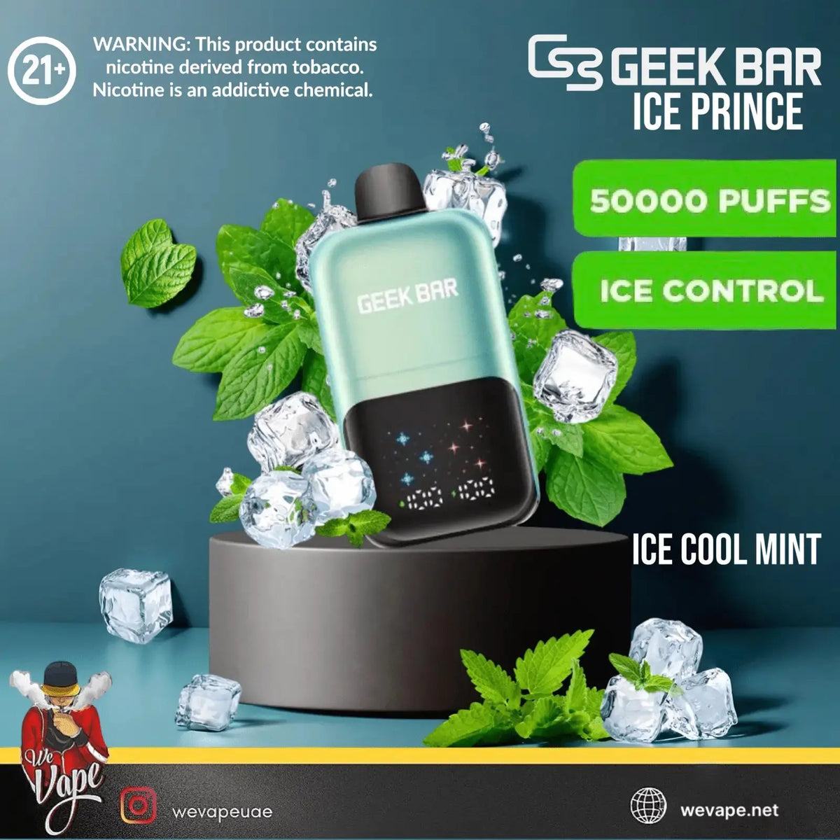 Geek Bar Ice Prince vape device with ice cubes and mint leaves on a blue background. Order Now and get 20% OFF!