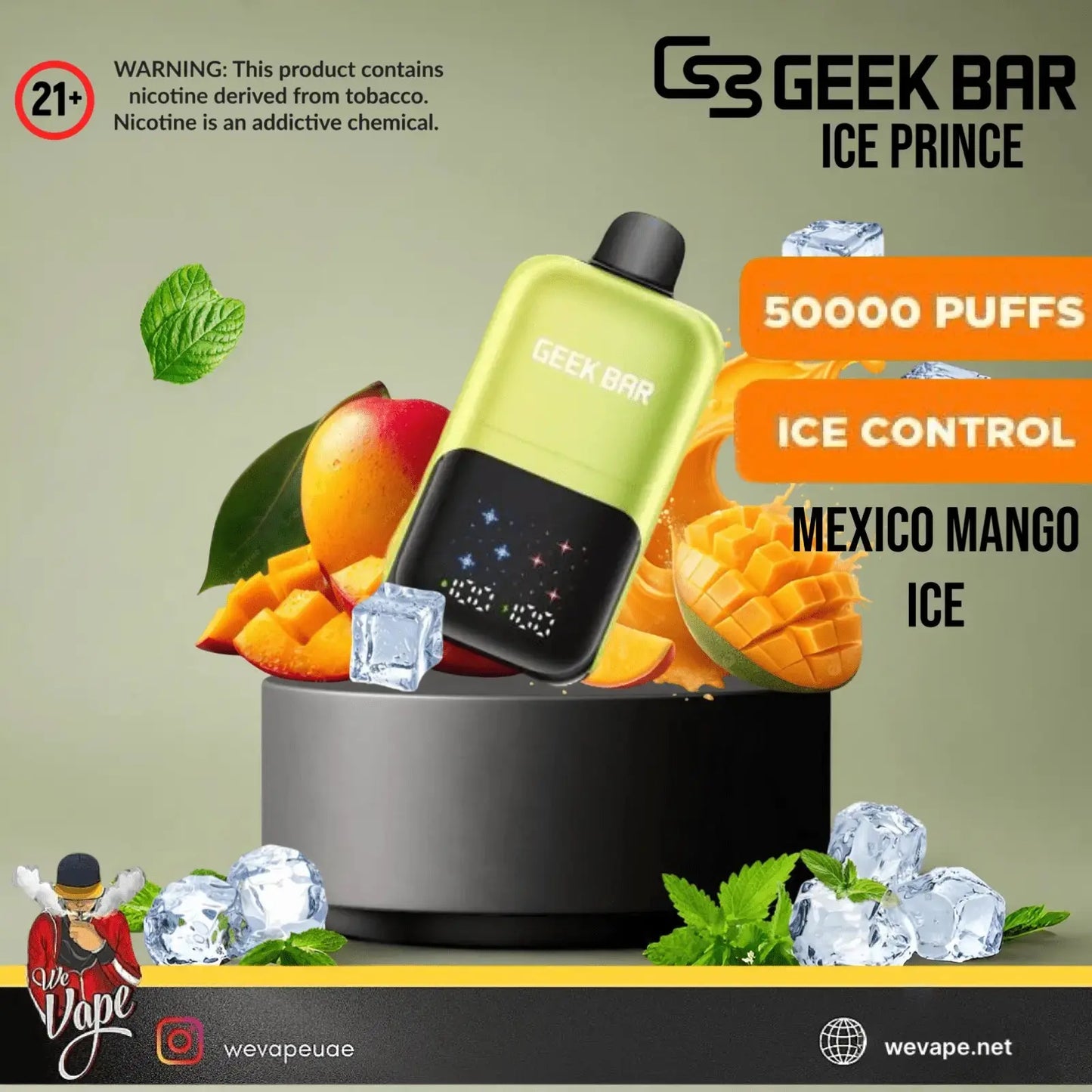 Geek Bar Ice Prince vape device with mango and ice elements on a green background. Order Now and get 20% OFF!