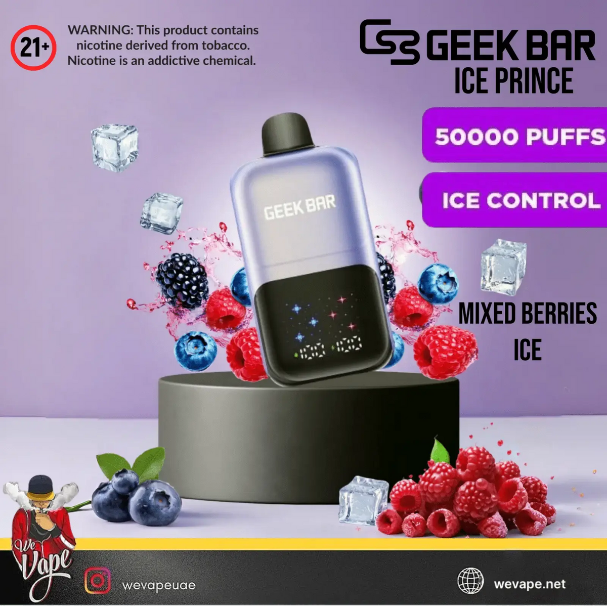 Geek Bar Ice Prince vape device with mixed berries and ice cubes on a purple background. Order Now and Get 20% OFF!