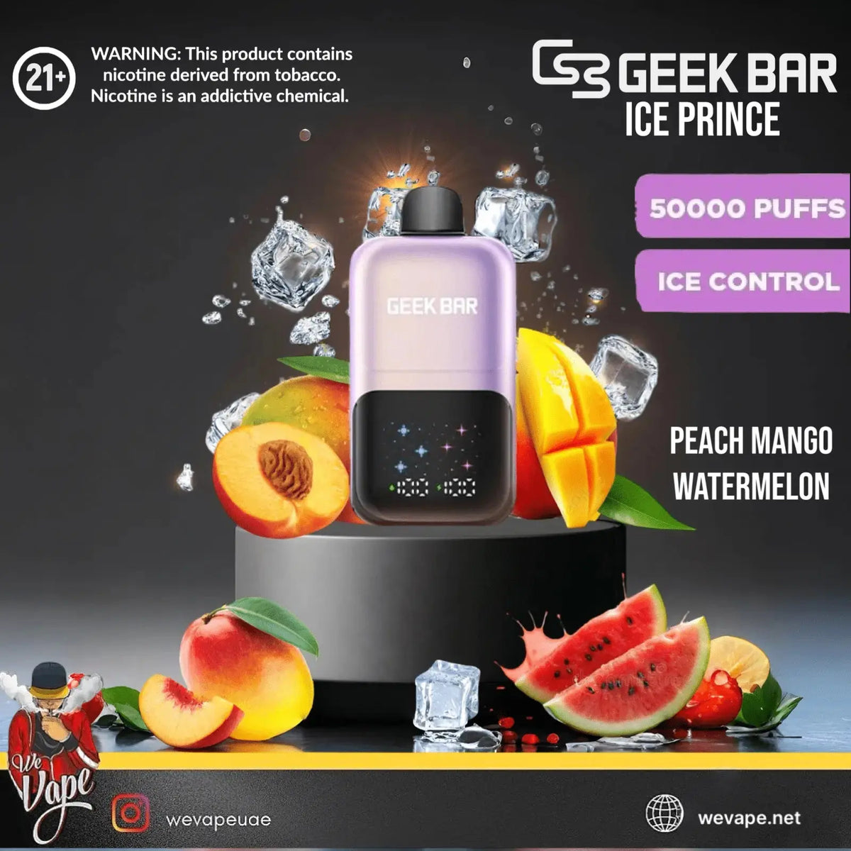 Geek Bar Ice Prince vape device with fruit slices and ice cubes on a dark background. Order Now and get 20% OFF!