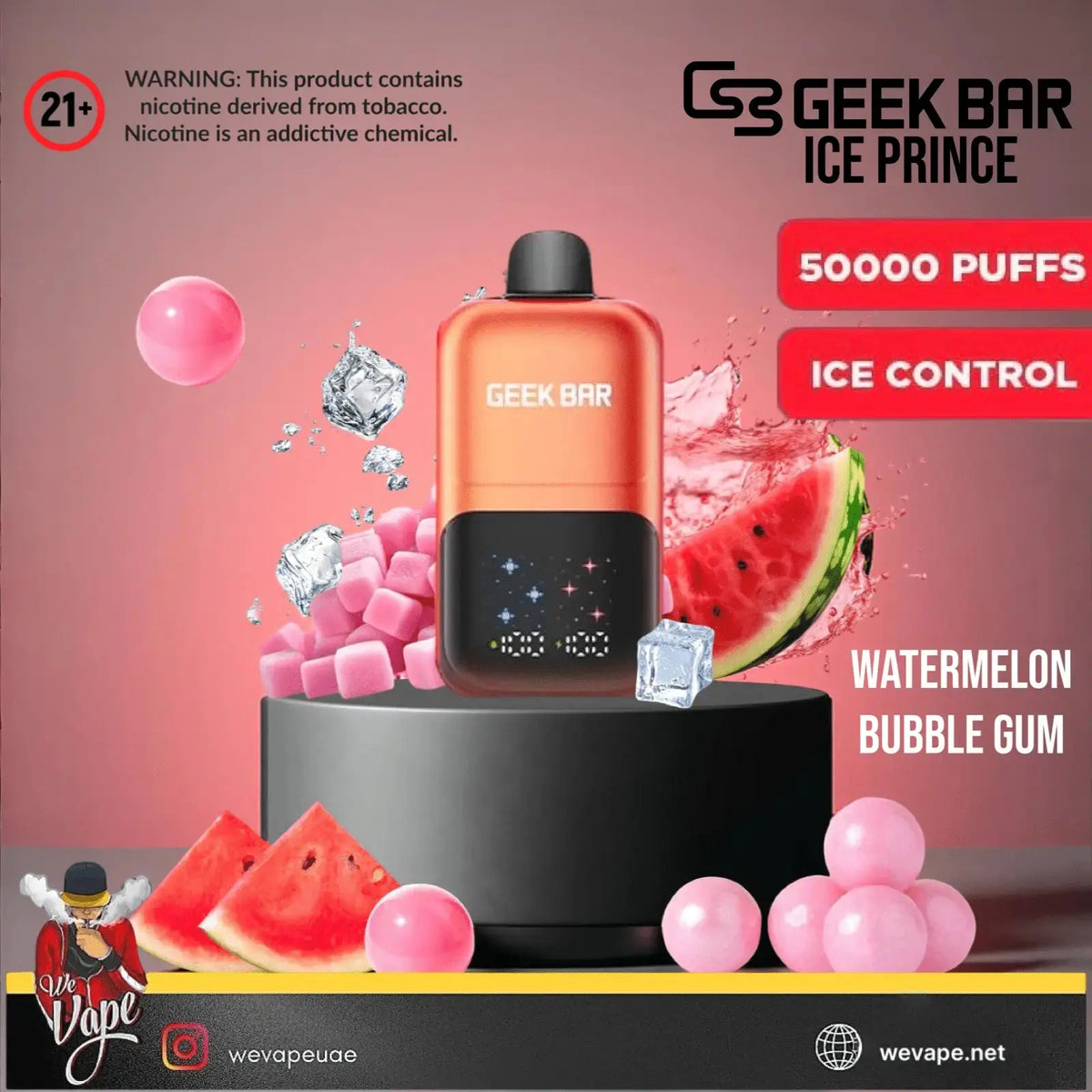 Geek Bar Ice Prince vape device with watermelon and bubble gum elements on a vibrant background. Order Now and get 20% OFF!