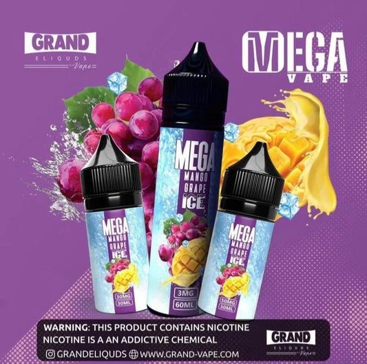 Three bottles of Mega Mango Grape Ice vape liquid on a purple background with fruit graphics.