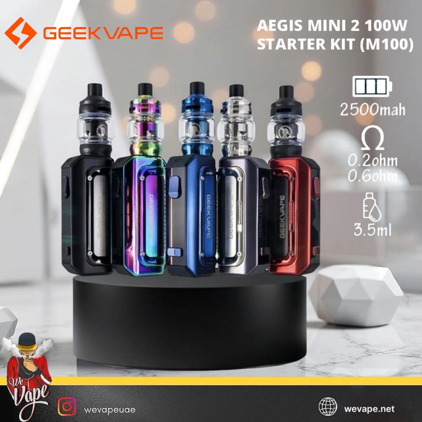 GeekVape Aegis Mini 2 100W Starter Kit display with product details on a blurred background