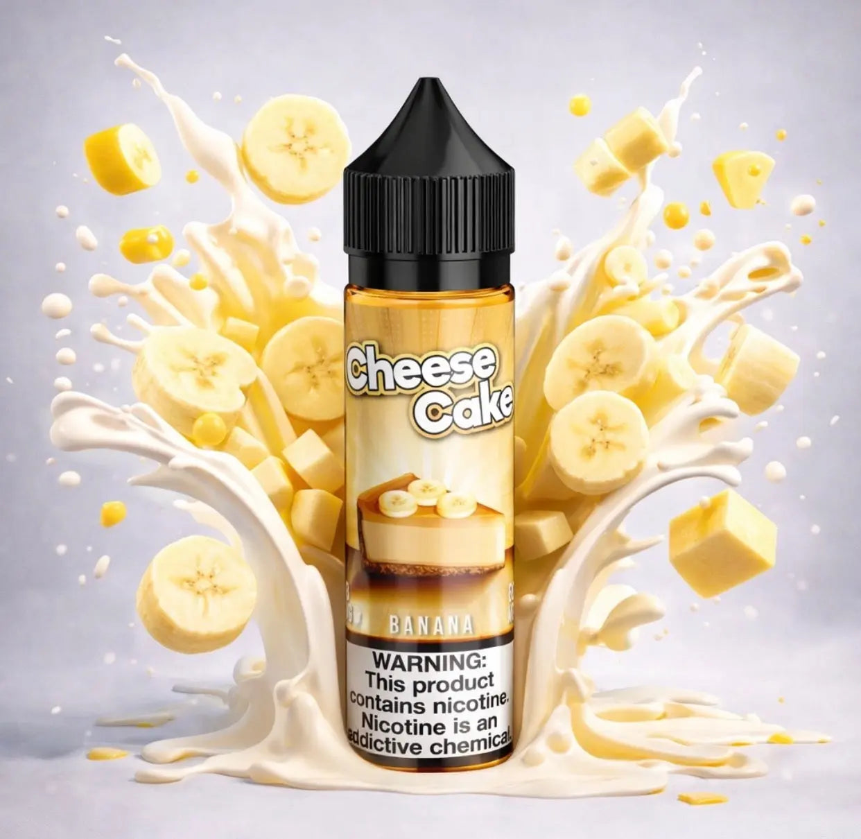 Bottle of Cheese Cake flavor vape juice with banana slices and milk splashes on a gray background. Order Now!