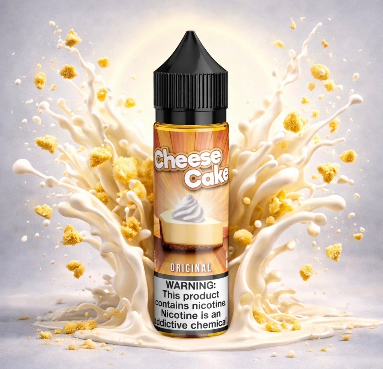 Cheese Cake-flavored vape juice bottle with creamy splashes and popcorn on a light gray background. ORDER NOW!