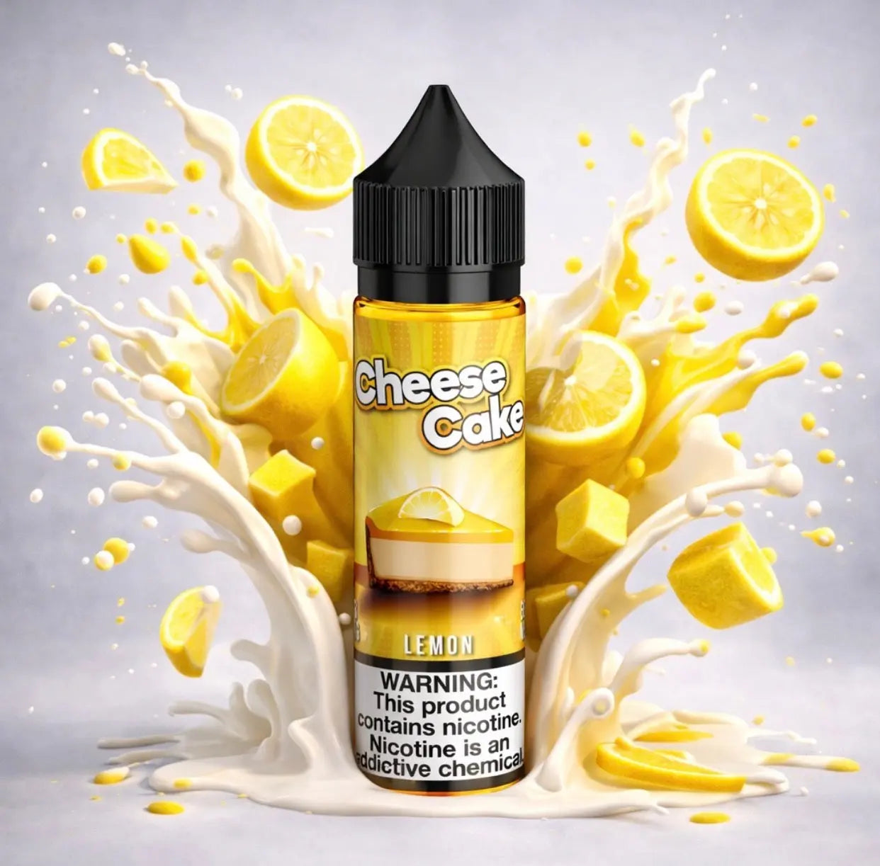 Bottle of Cheese Cake Lemon-flavored e-liquid with lemon slices and milk splashes on a gray background. Order Now!