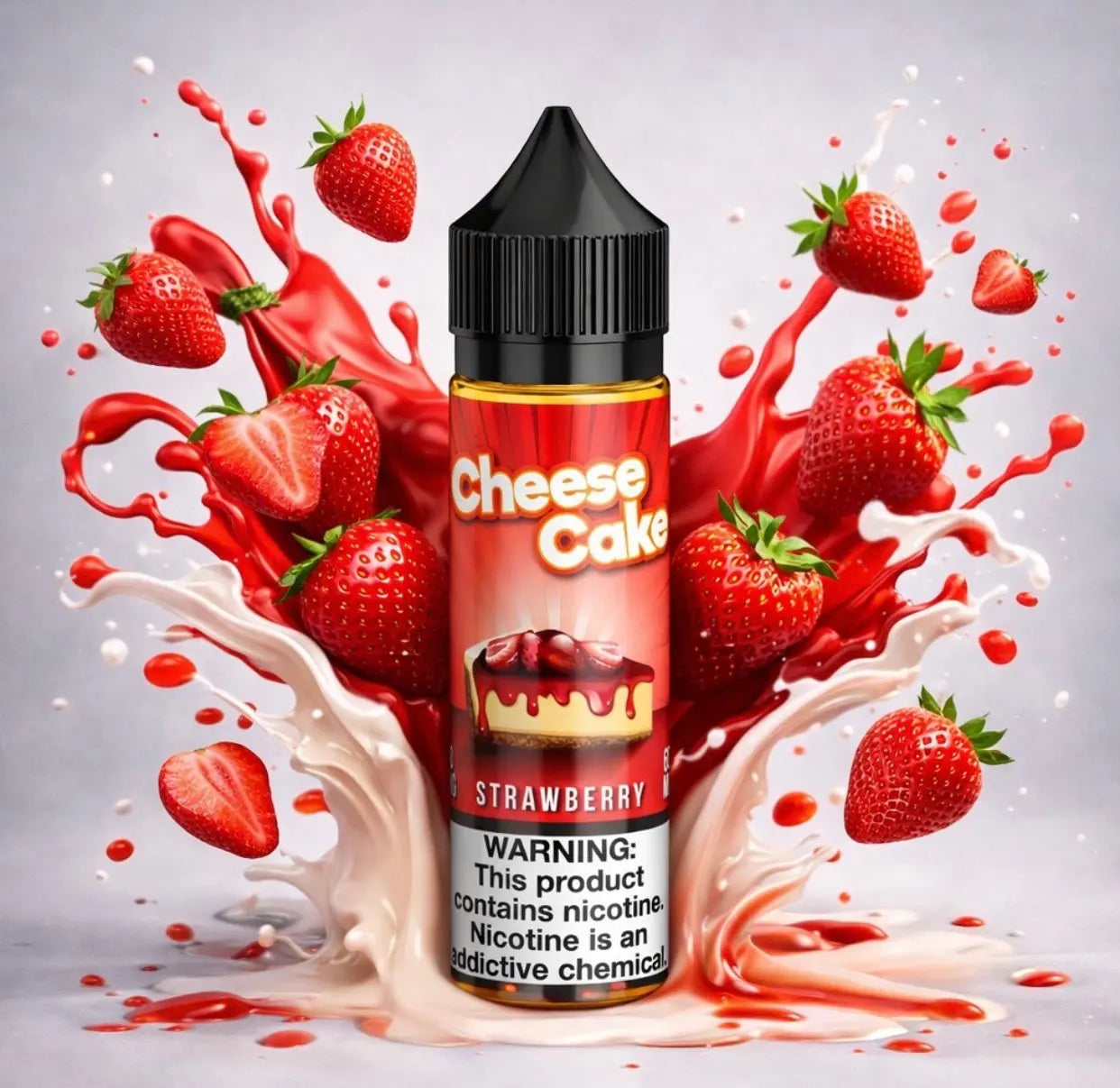 Strawberry-flavored vape juice bottle with red and white design, surrounded by strawberries and red liquid splashes on a gray background. ORDER NOW!