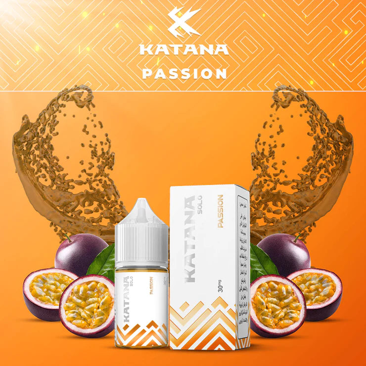 Katana Solo Passion by Tokyo Saltnic E-Liquid Bottle – A tropical passion fruit vaping sensation.