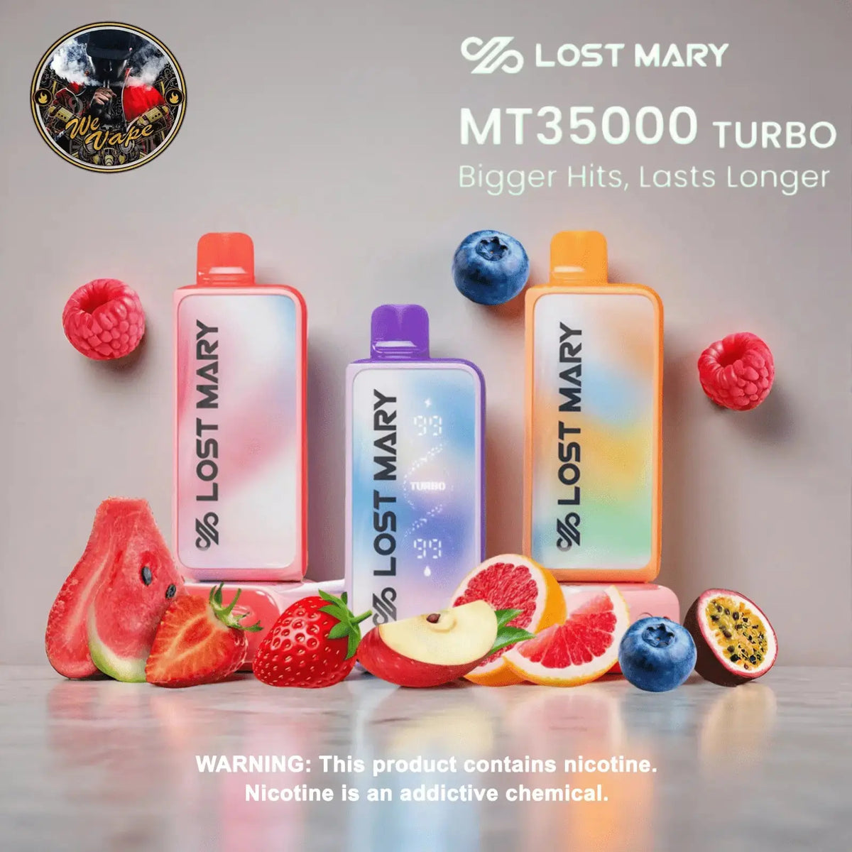 Lost Mary MT35000 Turbo vape devices with fruit-themed packaging on a reflective surface. ORDER NOW AND GET FREE DELIVERY