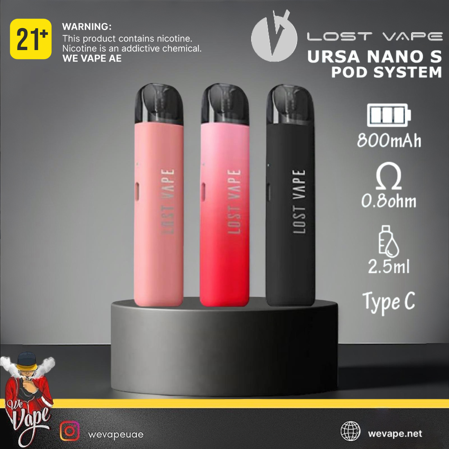 Lost Vape Ursa Nano S pod system with three colors on a gray background. ORDER NOW!