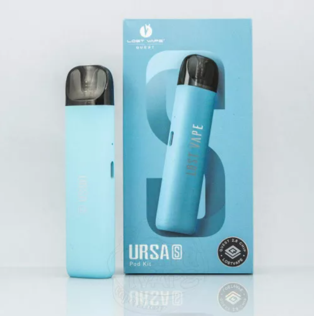 Light blue vape device with packaging on a white background. ORDER NOW!