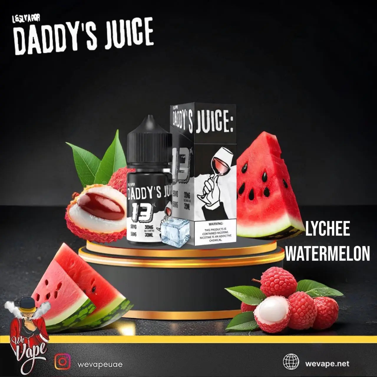A bottle of DADDY'S JUICE e-liquid in the Lychee Watermelon flavor, displayed on a black and gold pedestal with watermelon slices, lychees, and green leaves against a dark background. Order Now and get 20% OFF.