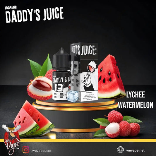 A bottle of DADDY'S JUICE e-liquid in the Lychee Watermelon flavor, displayed on a black and gold pedestal with watermelon slices, lychees, and green leaves against a dark background. Order Now and get 20% OFF.