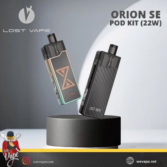 Lost Vape Orion SE pod kit on a gray background with branding and product details. Order now and get Free Delivery 
