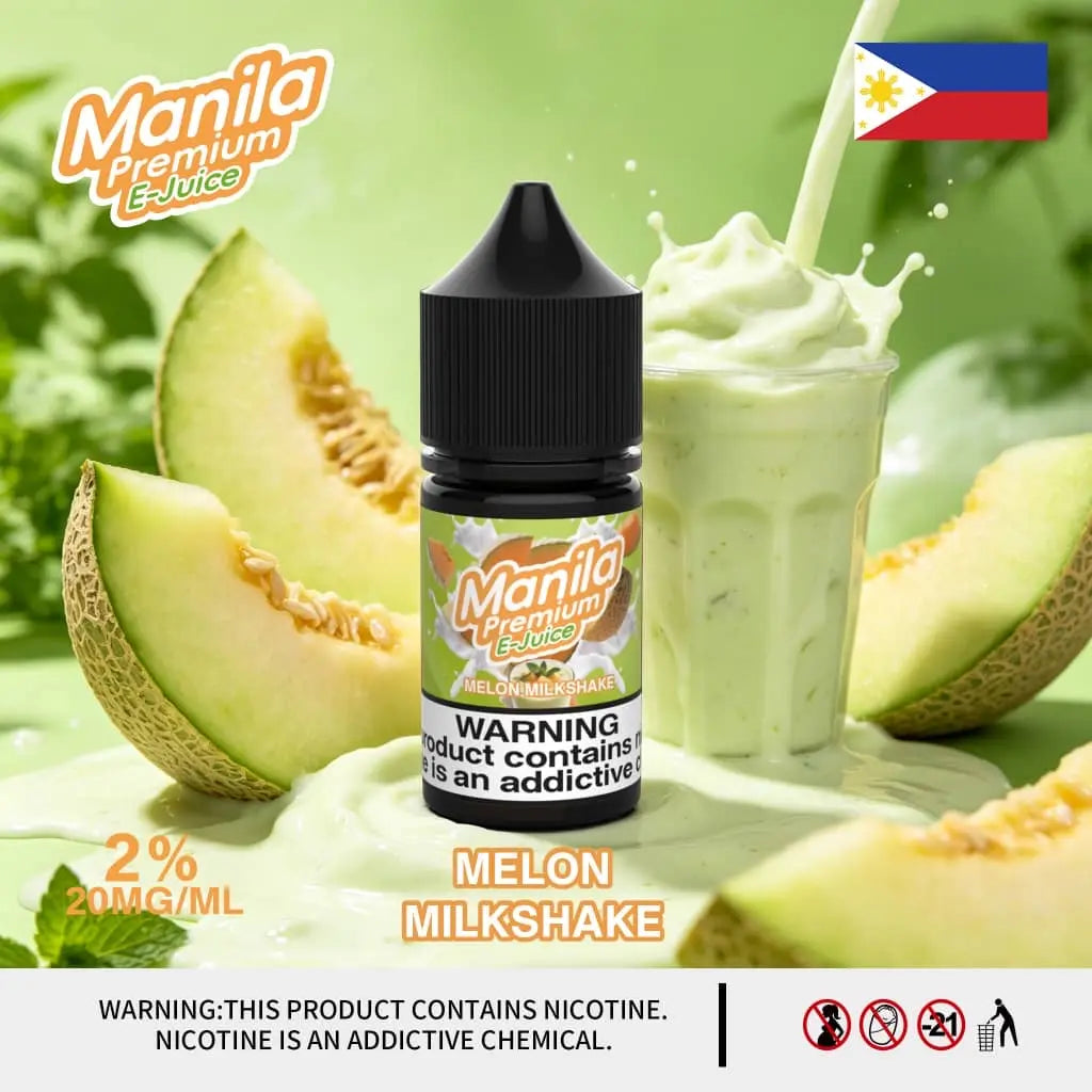 A bottle of Manila Premium E-Juice Melon Milkshake flavor is centered against a green tropical background with sliced melon, a green milkshake, and a Philippine flag. The label shows the Manila Premium E-Juice branding and a nicotine warning. ORDER NOW AND GET PROMOTION OF FREE DELIVERY.