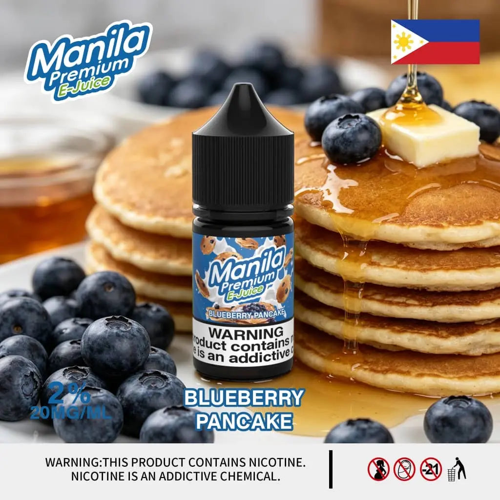 Manila Premium E-Juice bottle with blueberry pancakes and blueberries on a wooden table. Order Now and get 20% OFF OFFER!