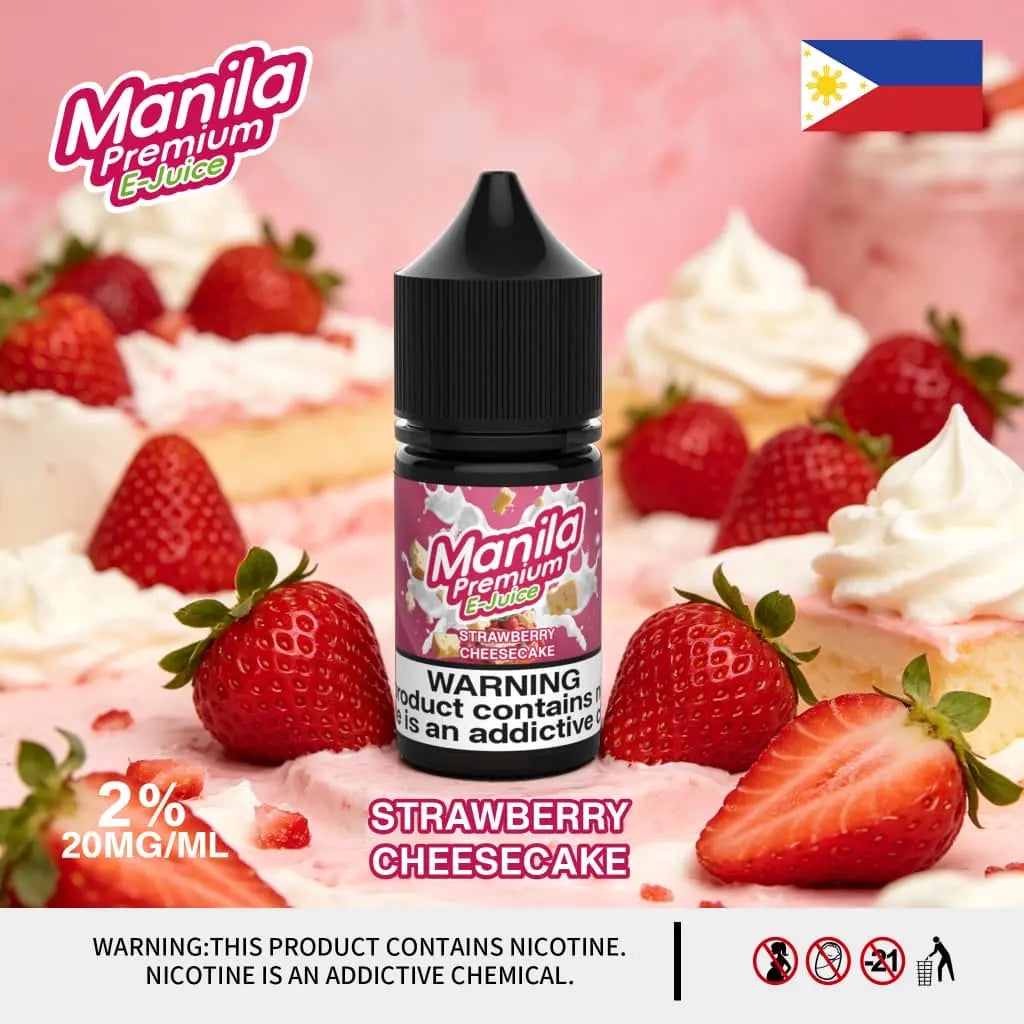 Manila Premium Strawberry Cheesecake e-liquid bottle with strawberries and cheesecake in the background. Order Now and get 20% OFF Promo Offer!